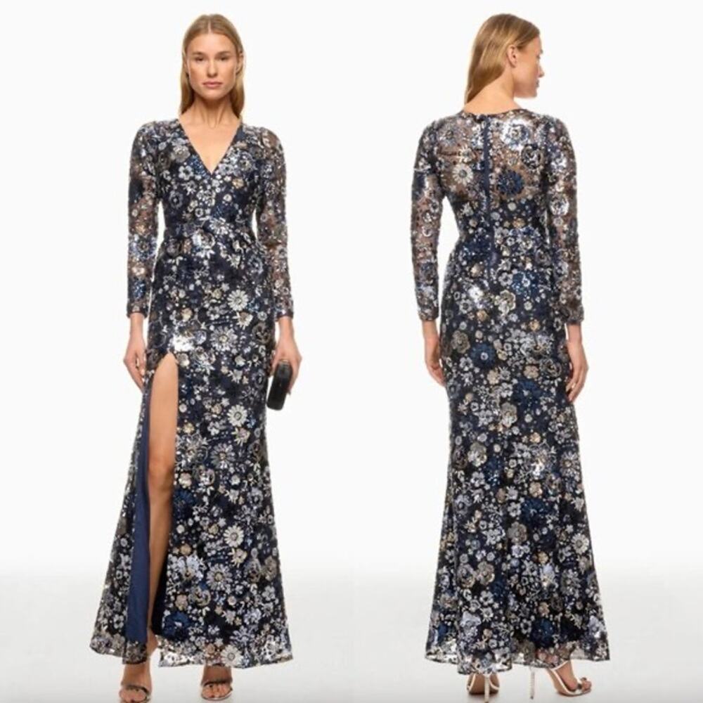 Dress the Population XL Navy Floral Sequin Embroidered Long Sleeve Maxi Gown
